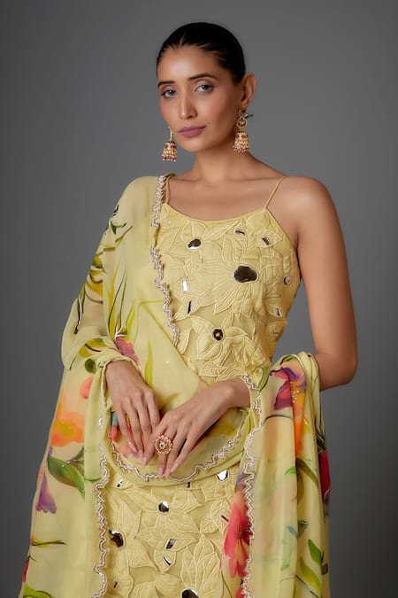 Buy Kriti Bapna Yellow Silk, Viscose Embroidery, Sequins, Mirrors, Applique Floral Kurta Set Online at Aza Fashions Buy_Kriti Bapna_Yellow Silk, Viscose Embroidery, Sequins, Mirrors, Applique Floral Kurta Set _Online_at_Aza_Fashions