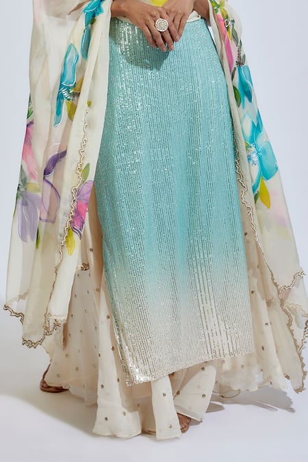 Buy_Kriti Bapna_Blue Net, Viscose Sequins, Embroidery Scoop Neck Ombre Cutwork Kurta Set _Online_at_Aza_Fashions