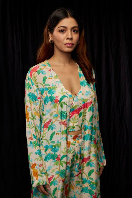 Shop_Kriti Bapna_Multi Color Cotton Sweetheart Neck, Floral Print Jacket And Pant Set _Online_at_Aza_Fashions
