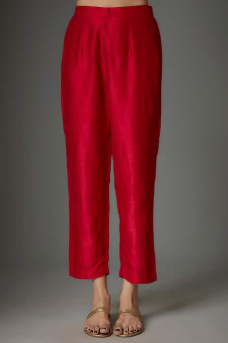 Buy_Kriti Bapna_Red Silk, Organza Embroidery Round Neck A-line Kurta And Pant Set _Online_at_Aza_Fashions