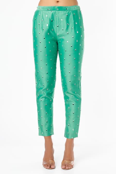 Kriti Bapna_Green Silk, Organza Embroidery, Mirrors, Cut Work Round Emerald Kurta Set _Online_at_Aza_Fashions