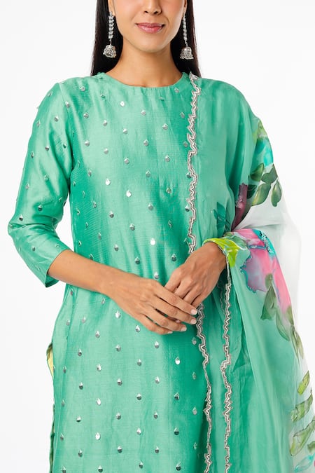 Buy_Kriti Bapna_Green Silk, Organza Embroidery, Mirrors, Cut Work Round Emerald Kurta Set _Online_at_Aza_Fashions