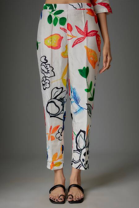 Kriti Bapna_Multi Color Viscose, Silk Embroidery Round Floral Hand Painted Kurta And Pant Set _Online_at_Aza_Fashions