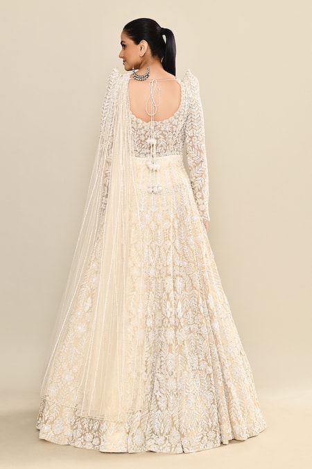 Kalighata Ivory Floral Embroidered Draped Gown 
