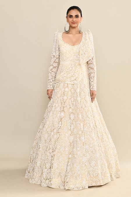 Kalighata_Ivory Organza Sequins Scoop Neck Floral Embroidered Draped Gown _Online_at_Aza_Fashions