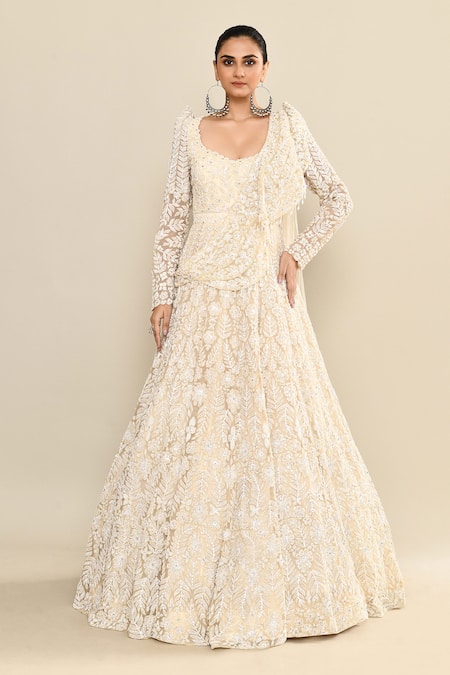 Buy_Kalighata_Ivory Organza Sequins Scoop Neck Floral Embroidered Draped Gown _Online_at_Aza_Fashions