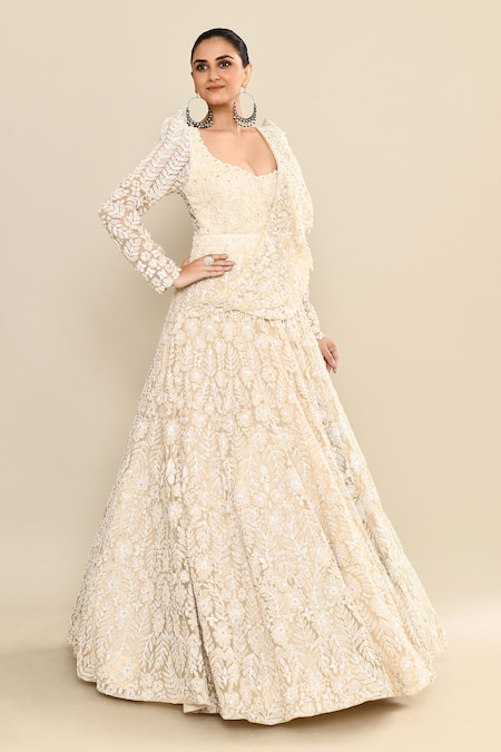 Shop_Kalighata_Ivory Organza Sequins Scoop Neck Floral Embroidered Draped Gown _Online_at_Aza_Fashions