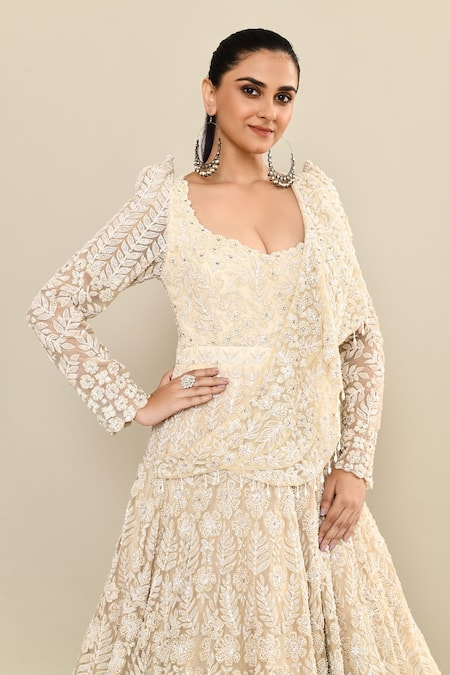 Kalighata_Ivory Organza Sequins Scoop Neck Floral Embroidered Draped Gown _at_Aza_Fashions