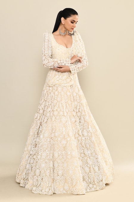 Buy_Kalighata_Ivory Organza Sequins Scoop Neck Floral Embroidered Draped Gown 