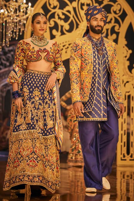 The Royaleum_Navy Silk Embroidery Multi Color Hand Sherwani Set _Online_at_Aza_Fashions