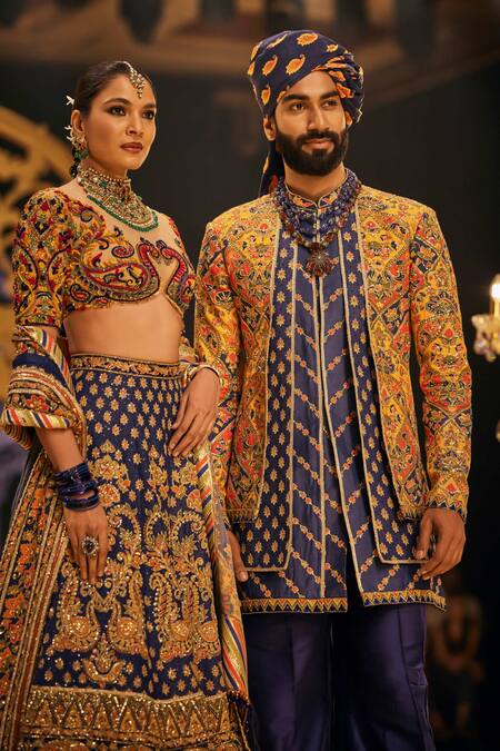 Buy_The Royaleum_Navy Silk Embroidery Multi Color Hand Sherwani Set _Online_at_Aza_Fashions