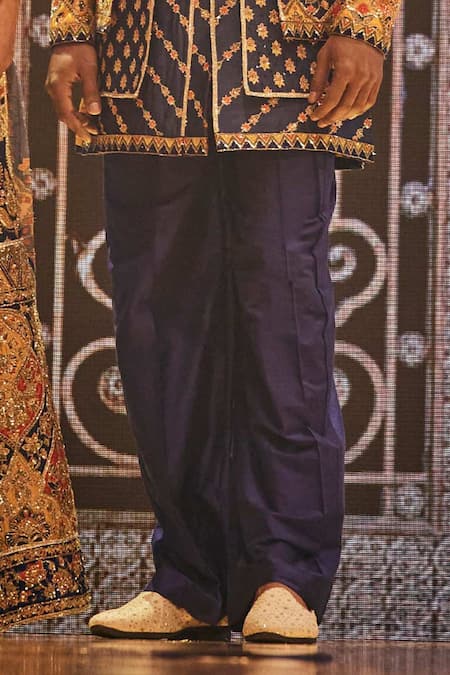 Shop_The Royaleum_Navy Silk Embroidery Multi Color Hand Sherwani Set _Online_at_Aza_Fashions