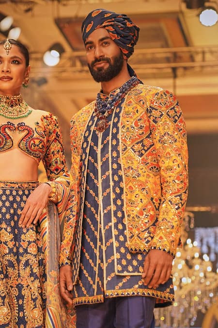 The Royaleum_Navy Silk Embroidery Multi Color Hand Sherwani Set _at_Aza_Fashions
