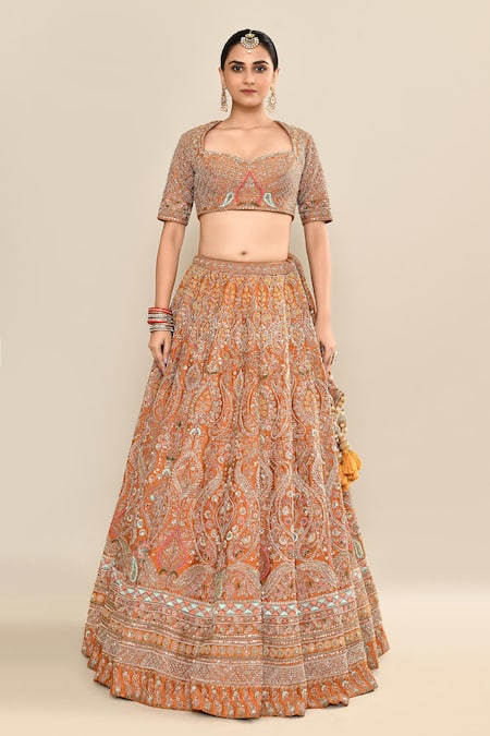 Buy_Kalighata_Yellow Silk, Chiffon, Net Cut Work, Sequins, Floral Bridal Lehenga Set 