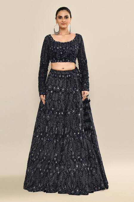 Kalighata_Navy Organza Sequins, Embroidery, Cut Work Scoop Neck Blue Hand Lehenga Set _Online_at_Aza_Fashions