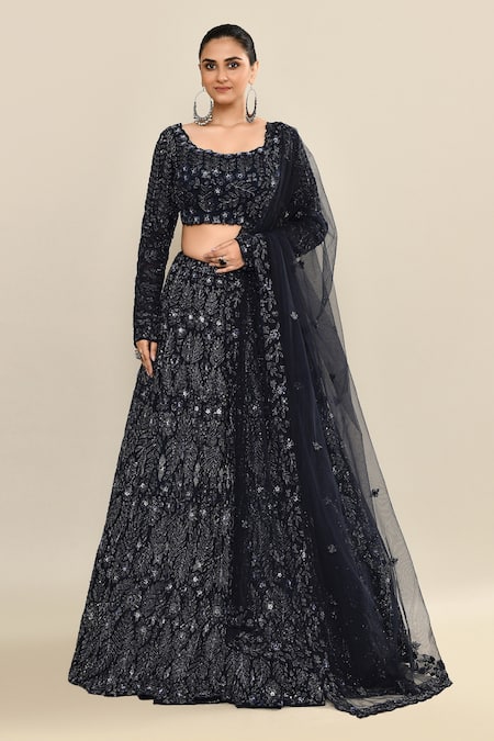 Buy_Kalighata_Navy Organza Sequins, Embroidery, Cut Work Scoop Neck Blue Hand Lehenga Set _Online_at_Aza_Fashions