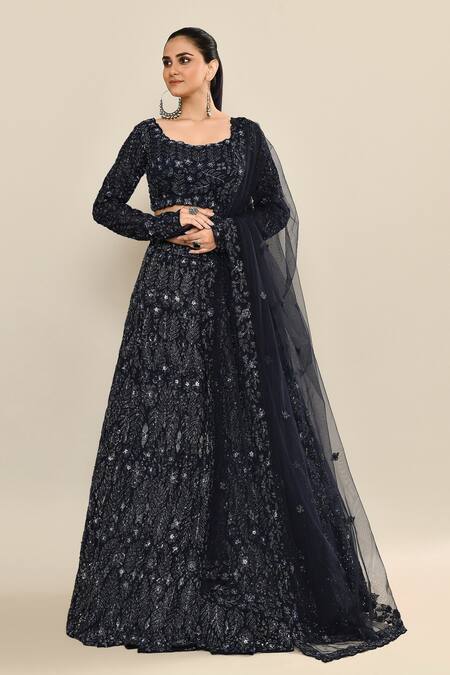 Shop_Kalighata_Navy Organza Sequins, Embroidery, Cut Work Scoop Neck Blue Hand Lehenga Set _Online_at_Aza_Fashions