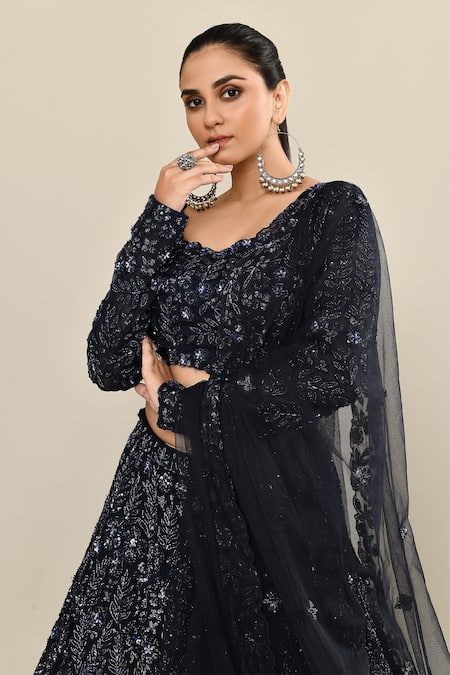 Kalighata_Navy Organza Sequins, Embroidery, Cut Work Scoop Neck Blue Hand Lehenga Set _at_Aza_Fashions