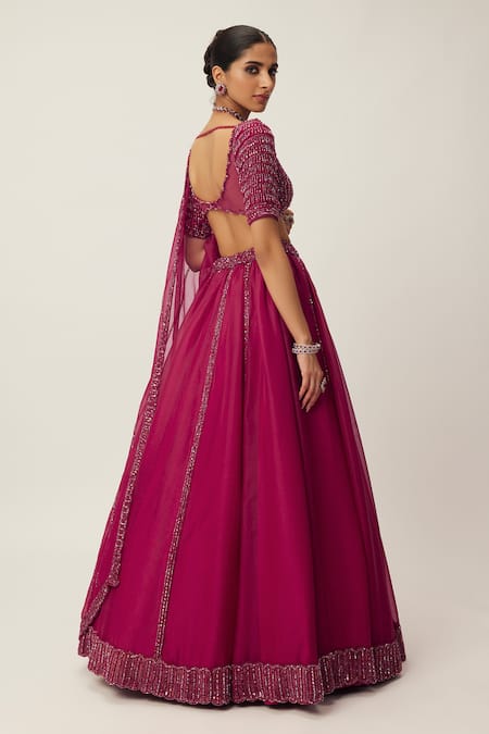 Shop Vvani By Vani Vats Red Georgette, Net Sequins, Cut Work Scoop Neck Panelled Embroidered Lehenga Set at Aza Fashions Shop_Vvani By Vani Vats_Red Georgette, Net Sequins, Cut Work Scoop Neck Panelled Embroidered Lehenga Set _at_Aza_Fashions