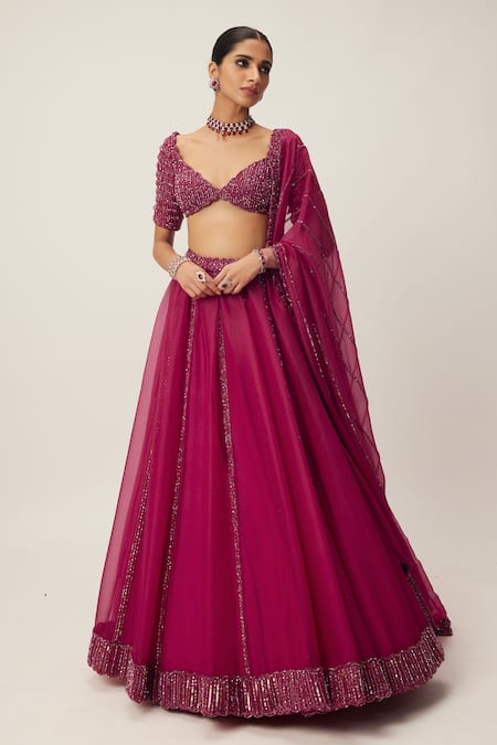Vvani By Vani Vats Red Georgette, Net Sequins, Cut Work Scoop Neck Panelled Embroidered Lehenga Set Online at Aza Fashions Vvani By Vani Vats_Red Georgette, Net Sequins, Cut Work Scoop Neck Panelled Embroidered Lehenga Set _Online_at_Aza_Fashions