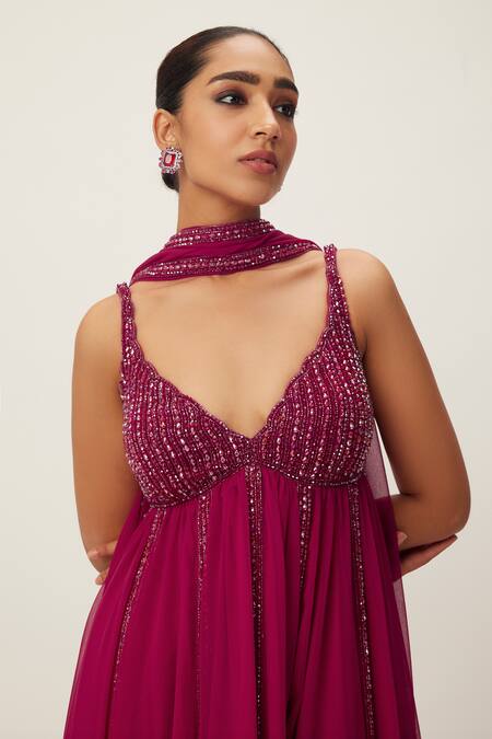 Vvani By Vani Vats Red Georgette Crystals, Cut Work, Embroidery, Embellished Ruby Anarkali Set Online at Aza Fashions Vvani By Vani Vats_Red Georgette Crystals, Cut Work, Embroidery, Embellished Ruby Anarkali Set _Online_at_Aza_Fashions