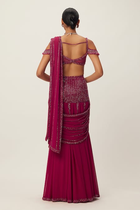 Shop Vvani By Vani Vats Red Georgette Crystals, Sequins, Cut Work Embellished Pre-draped Saree Set at Aza Fashions Shop_Vvani By Vani Vats_Red Georgette Crystals, Sequins, Cut Work Embellished Pre-draped Saree Set _at_Aza_Fashions