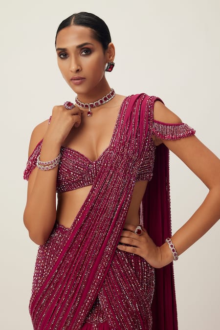Shop Vvani By Vani Vats Red Georgette Crystals, Sequins, Cut Work Embellished Pre-draped Saree Set Online at Aza Fashions Shop_Vvani By Vani Vats_Red Georgette Crystals, Sequins, Cut Work Embellished Pre-draped Saree Set _Online_at_Aza_Fashions