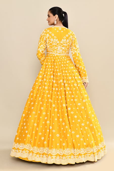 Kalighata Yellow Embroidered Anarkali Jacket Set 