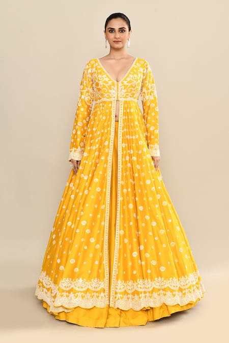 Kalighata_Yellow Chanderi Sequins, Cut Work, Embroidery Plunge Neck Anarkali Jacket Set _Online_at_Aza_Fashions
