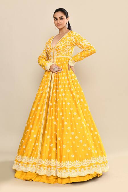 Buy_Kalighata_Yellow Chanderi Sequins, Cut Work, Embroidery Plunge Neck Anarkali Jacket Set _Online_at_Aza_Fashions