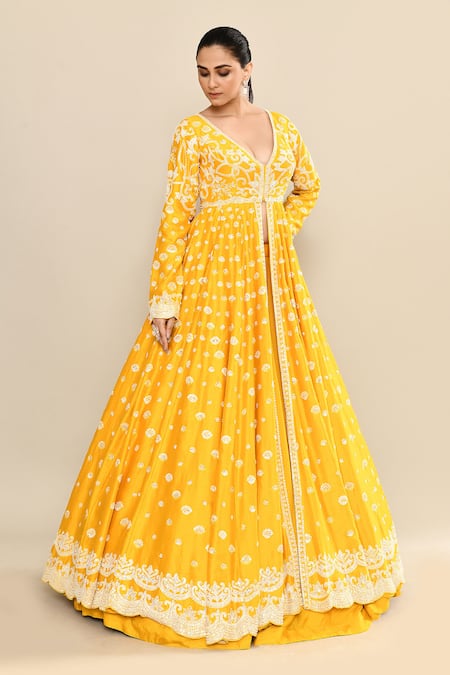 Shop_Kalighata_Yellow Chanderi Sequins, Cut Work, Embroidery Plunge Neck Anarkali Jacket Set _Online_at_Aza_Fashions