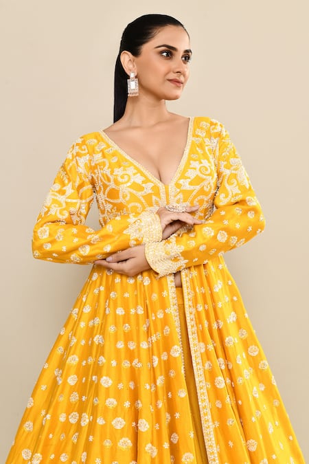Kalighata_Yellow Chanderi Sequins, Cut Work, Embroidery Plunge Neck Anarkali Jacket Set _at_Aza_Fashions