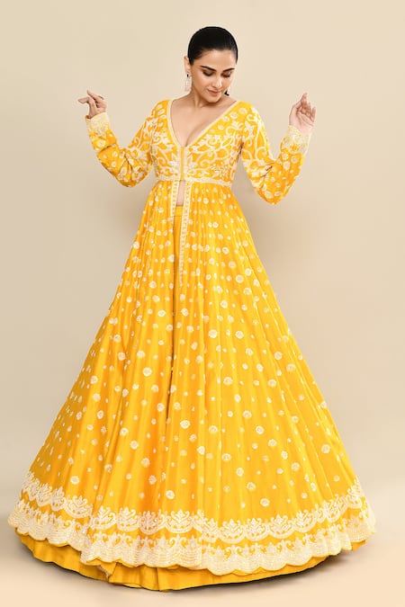 Buy_Kalighata_Yellow Chanderi Sequins, Cut Work, Embroidery Plunge Neck Anarkali Jacket Set 