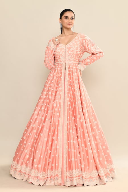 Shop_Kalighata_Peach Chanderi Cut Work, Sequins, Embroidery Plunge Neck Floral Anarkali Set _Online_at_Aza_Fashions