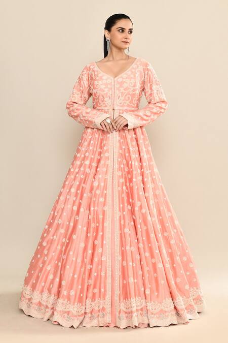 Kalighata_Peach Chanderi Cut Work, Sequins, Embroidery Plunge Neck Floral Anarkali Set _at_Aza_Fashions