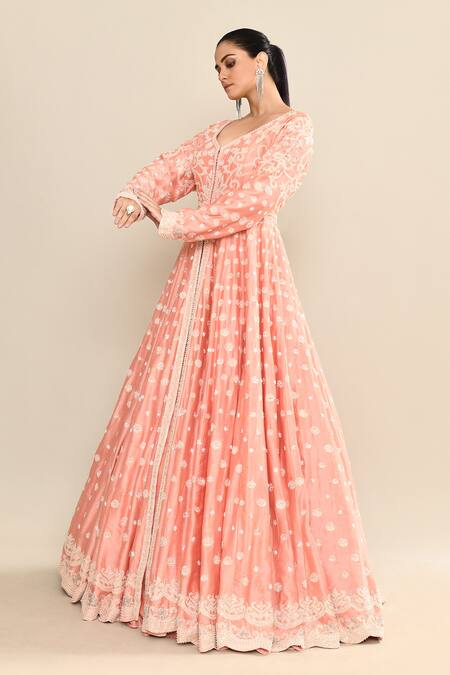 Buy_Kalighata_Peach Chanderi Cut Work, Sequins, Embroidery Plunge Neck Floral Anarkali Set 