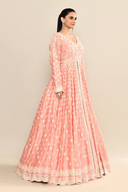 Shop_Kalighata_Peach Chanderi Cut Work, Sequins, Embroidery Plunge Neck Floral Anarkali Set 