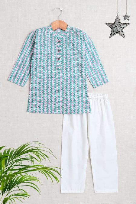 Petite Pomme_Green Cotton Abstract Printed Kurta And Pyjama Set _Online_at_Aza_Fashions