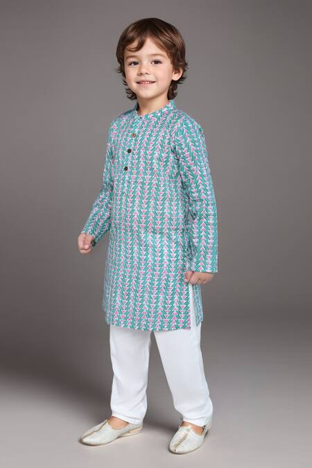 Shop Petite Pomme Green Cotton Abstract Printed Kurta And Pyjama Set Online at Aza Fashions Shop_Petite Pomme_Green Cotton Abstract Printed Kurta And Pyjama Set _Online_at_Aza_Fashions