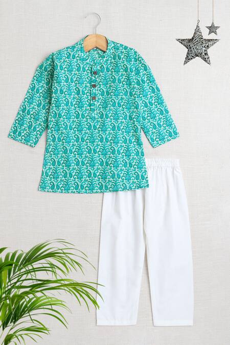 Petite Pomme_Blue Cotton Floral Print Kurta Set _Online_at_Aza_Fashions