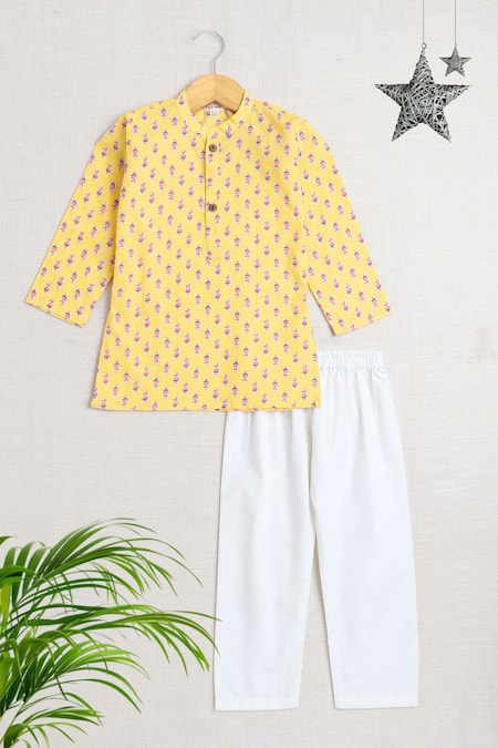 Petite Pomme_Yellow Cotton Floral Print Kurta Set _Online_at_Aza_Fashions