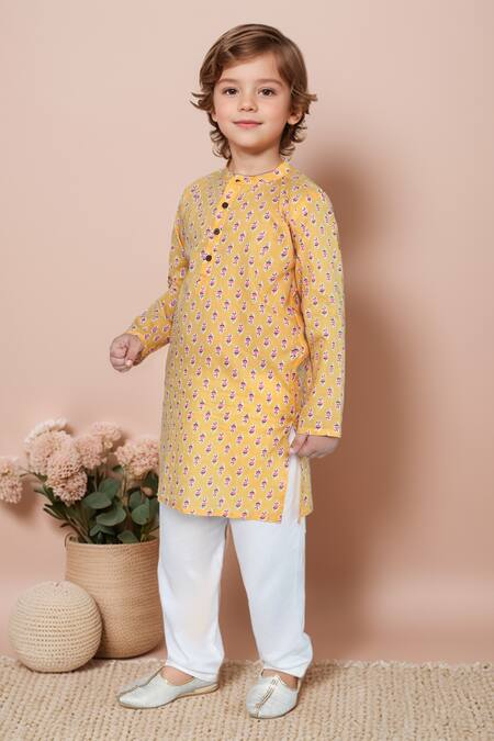 Shop Petite Pomme Yellow Cotton Floral Print Kurta Set Online at Aza Fashions Shop_Petite Pomme_Yellow Cotton Floral Print Kurta Set _Online_at_Aza_Fashions