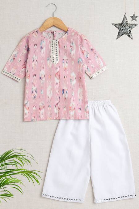 Petite Pomme_Pink Polyester Mirrors Abstract Print Kurta Set _Online_at_Aza_Fashions