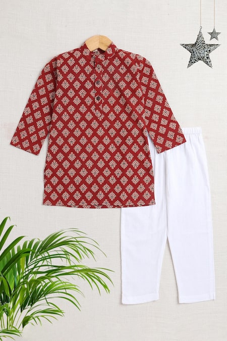 Petite Pomme_Maroon Cotton Embroidery Floral Printed Kurta Set _Online_at_Aza_Fashions