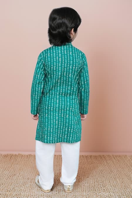 Shop Petite Pomme Green Cotton Floral Stripe Print Kurta And Pyjama Set at Aza Fashions Shop_Petite Pomme_Green Cotton Floral Stripe Print Kurta And Pyjama Set _at_Aza_Fashions