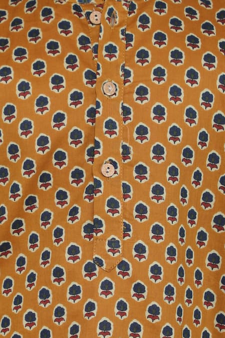 Petite Pomme_Yellow Cotton Floral Printed Mandarin Collar Kurta Set _Online_at_Aza_Fashions