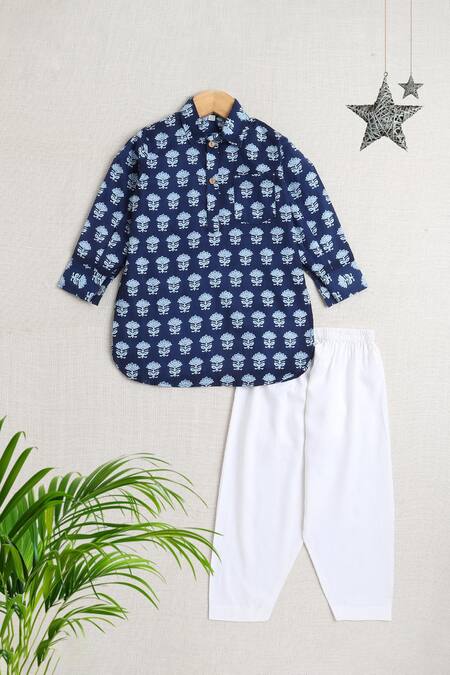 Petite Pomme_Blue Cotton Navy Floral Print Kurta And Pyjama Set _Online_at_Aza_Fashions