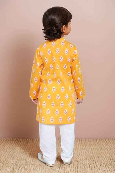 Shop_Petite Pomme_Yellow Cotton Ikat Print Kurta Set _at_Aza_Fashions