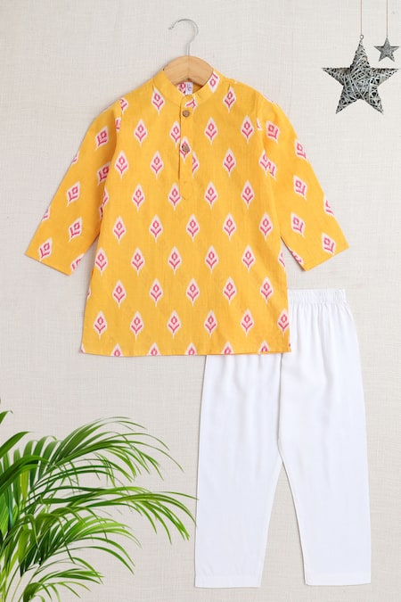 Petite Pomme_Yellow Cotton Ikat Print Kurta Set _Online_at_Aza_Fashions