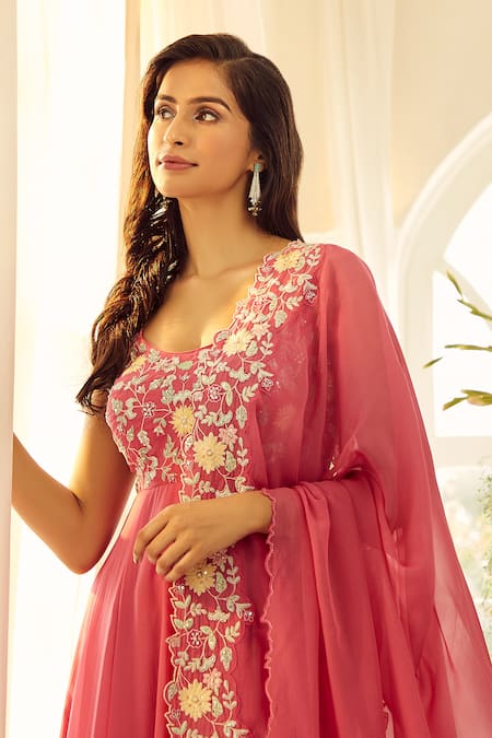 Aariyana Couture Coral Viscose, Modal, Organza Embroidery Scoop Neck Anarkali Set Online at Aza Fashions Aariyana Couture_Coral Viscose, Modal, Organza Embroidery Scoop Neck Anarkali Set_Online_at_Aza_Fashions